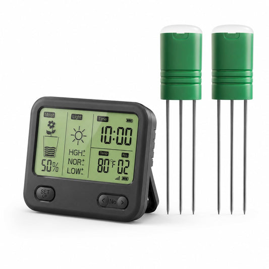 Soil Moisture Meter for Plants, 12-Zone Wireless Plant Water Meter, Soil Thermometer and Light Sensor, 4-In-1 TDR Tester, 230Ft Range, IPX5 Waterproof for Indoor Outdoor Garde(Display+2Sensor)