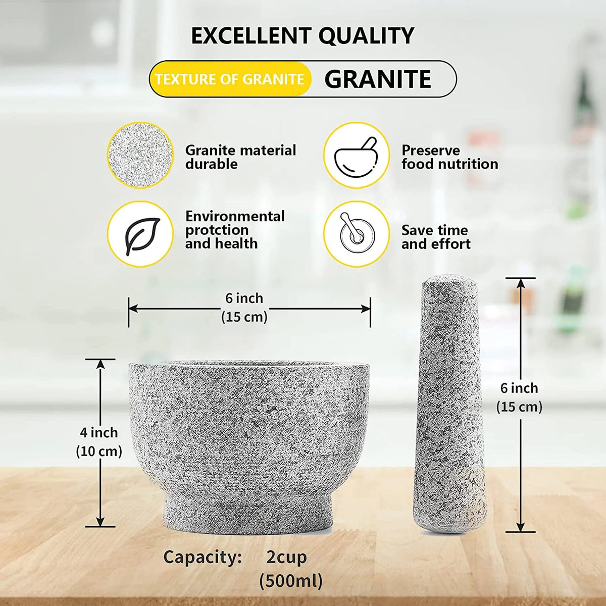 Solid Heavy-Duty Granite Mortar and Pestle Set (6-Inch / 2 Cup Capacity)
