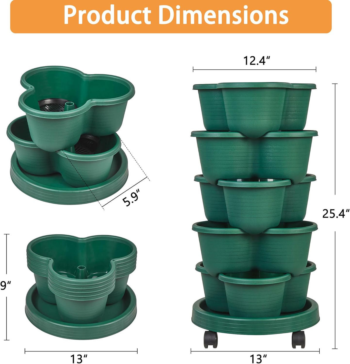 5 Tier Vertical Garden Planter, Self Watering Stackable Planters with Wheels for Strawberries, Herbs, Flowers, Vegetables, Dark Green