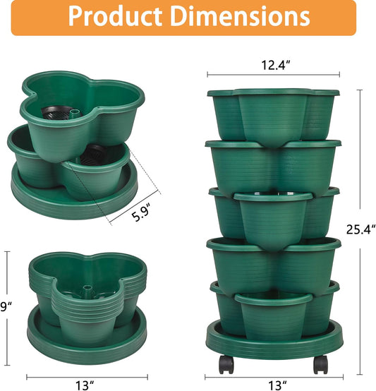 5 Tier Vertical Garden Planter, Self Watering Stackable Planters with Wheels for Strawberries, Herbs, Flowers, Vegetables, Dark Green