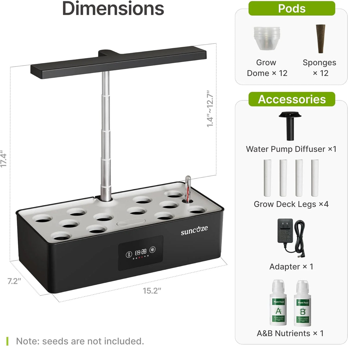 12-Pod Hydroponic Growing System with LED Grow Light, Indoor Herb Garden, Adjustable Height, Smart Timer, Black