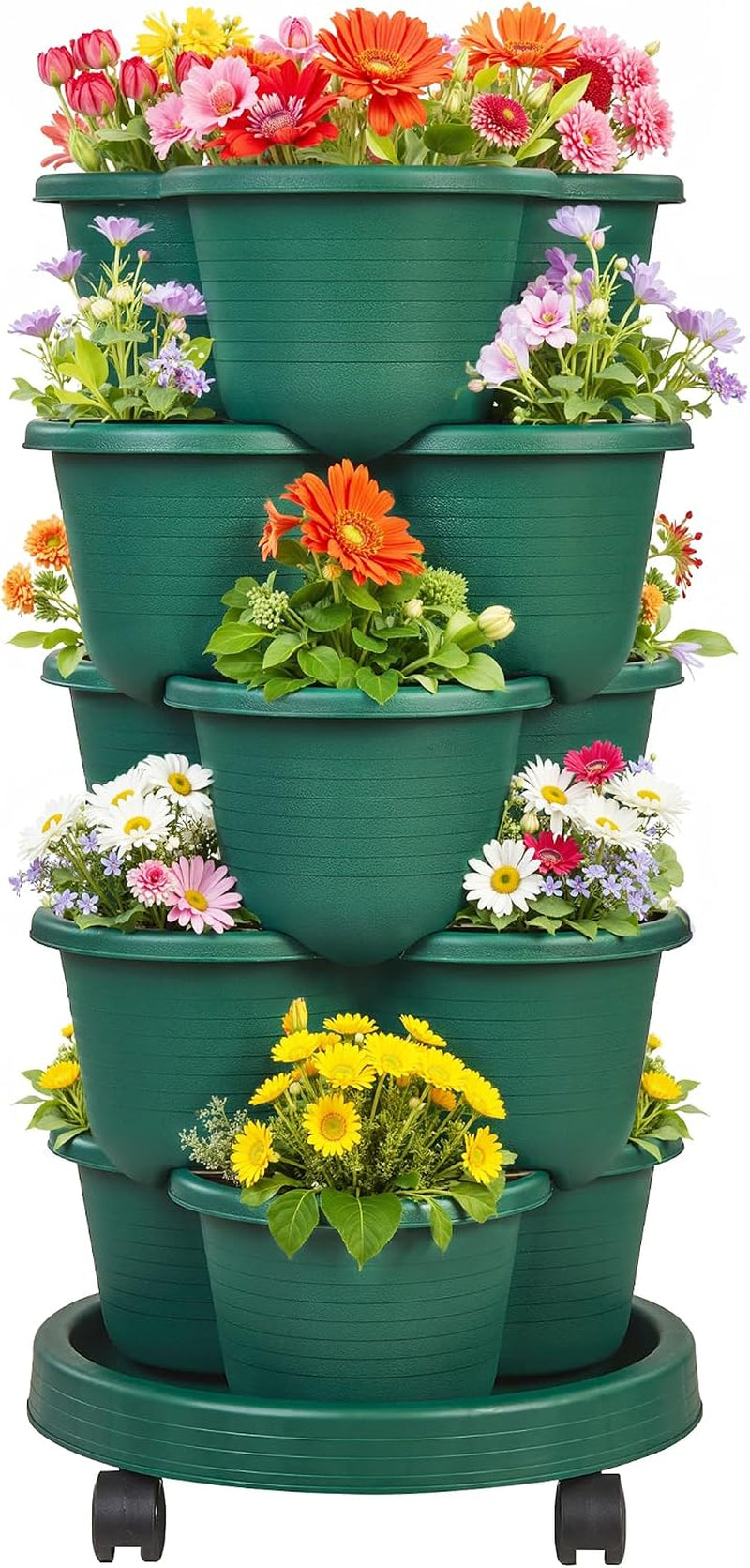 5 Tier Vertical Garden Planter, Self Watering Stackable Planters with Wheels for Strawberries, Herbs, Flowers, Vegetables, Dark Green