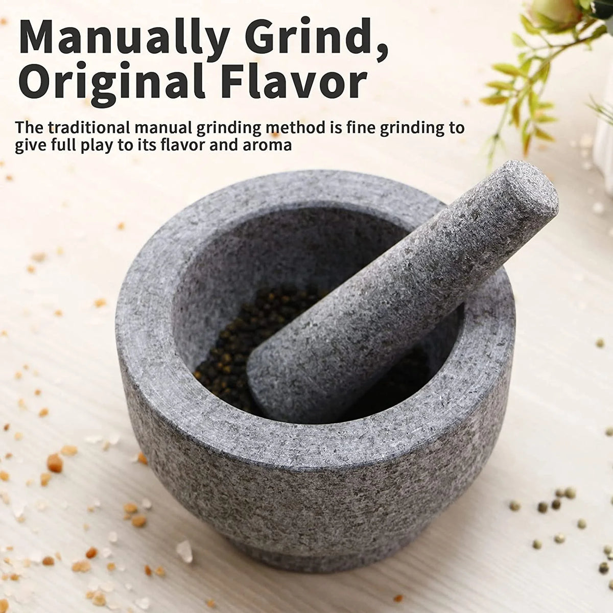 Solid Heavy-Duty Granite Mortar and Pestle Set (6-Inch / 2 Cup Capacity)