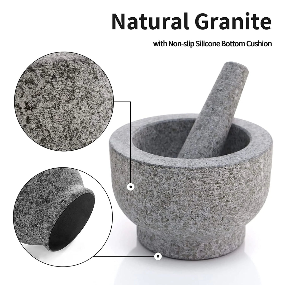 Solid Heavy-Duty Granite Mortar and Pestle Set (6-Inch / 2 Cup Capacity)