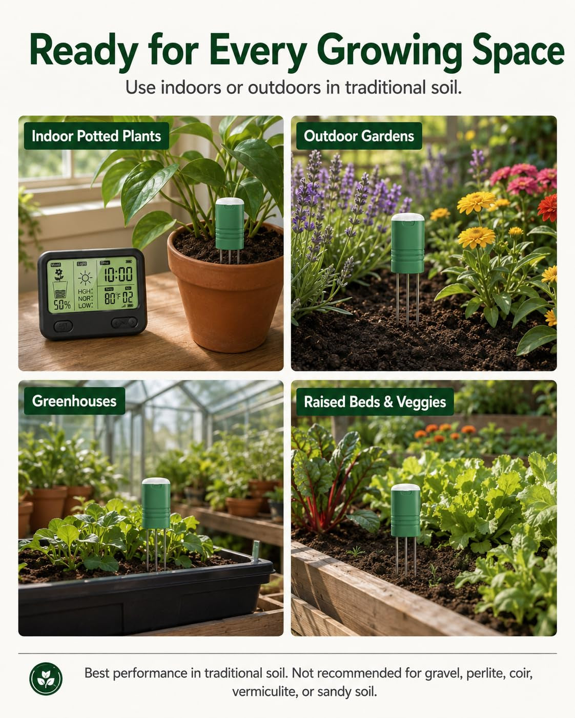 Soil Moisture Meter for Plants, 12-Zone Wireless Plant Water Meter, Soil Thermometer and Light Sensor, 4-In-1 TDR Tester, 230Ft Range, IPX5 Waterproof for Indoor Outdoor Garde(Display+2Sensor)