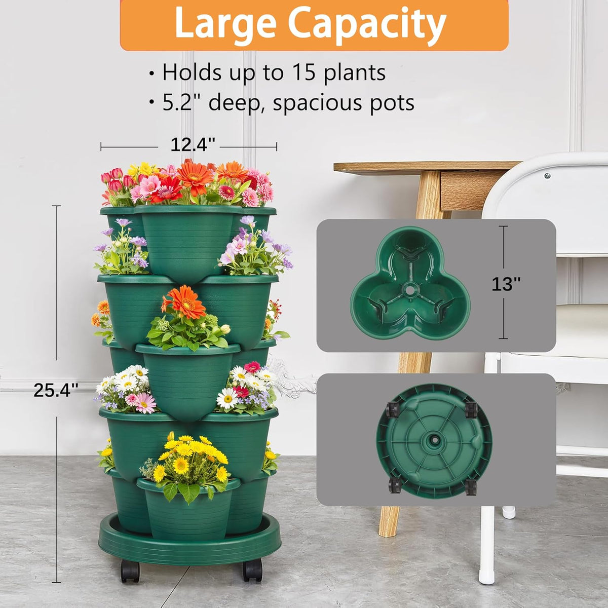 5 Tier Vertical Garden Planter, Self Watering Stackable Planters with Wheels for Strawberries, Herbs, Flowers, Vegetables, Dark Green