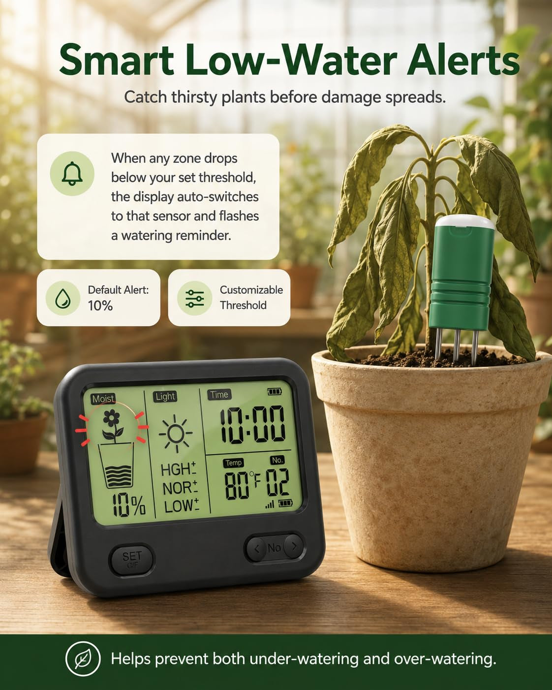 Soil Moisture Meter for Plants, 12-Zone Wireless Plant Water Meter, Soil Thermometer and Light Sensor, 4-In-1 TDR Tester, 230Ft Range, IPX5 Waterproof for Indoor Outdoor Garde(Display+2Sensor)
