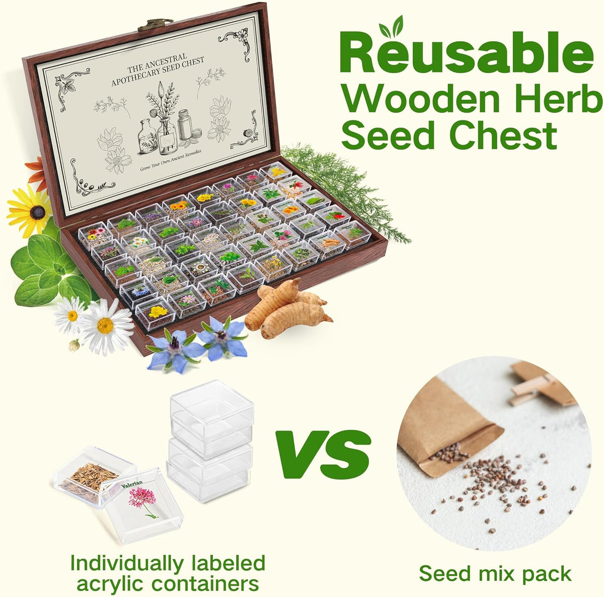 Lush&Dew Ancestral Apothecary Medicinal Tea Herb Seed Chest, Gardening Gift