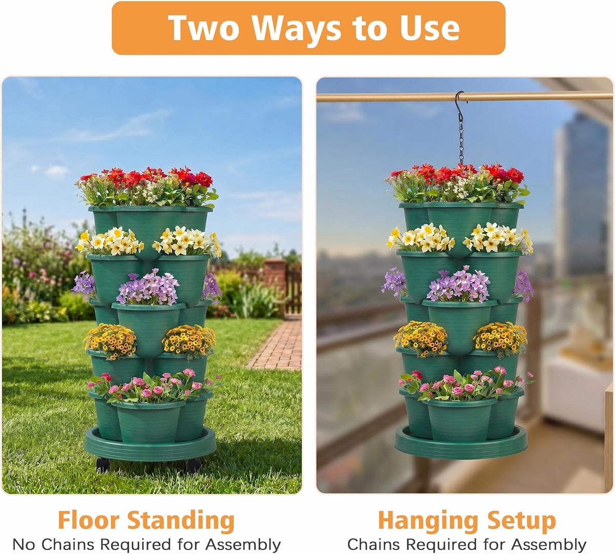 5 Tier Vertical Garden Planter, Self Watering Stackable Planters with Wheels for Strawberries, Herbs, Flowers, Vegetables, Dark Green