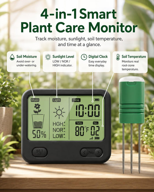 Soil Moisture Meter for Plants, 12-Zone Wireless Plant Water Meter, Soil Thermometer and Light Sensor, 4-In-1 TDR Tester, 230Ft Range, IPX5 Waterproof for Indoor Outdoor Garde(Display+2Sensor)